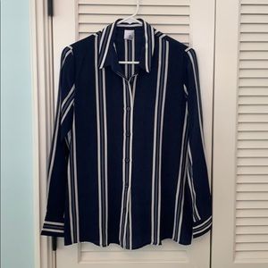 Navy button down shirt with white stripe detail